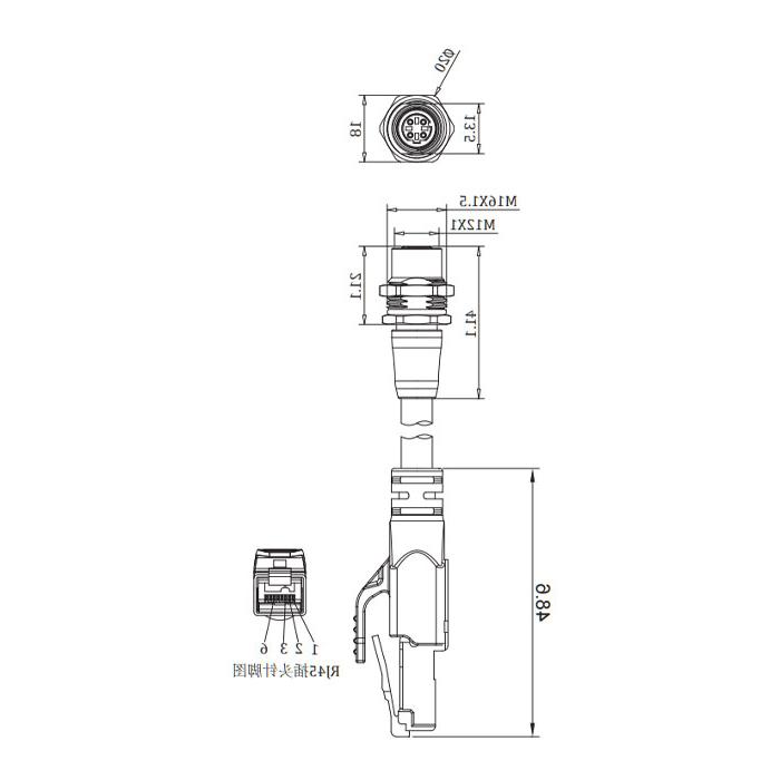 M12 4Pin D-coded panel flanged female to RJ45 male straight, double-ended precast PVC non-flexible cable with shield, yellow sheath, 0C4228-XXX